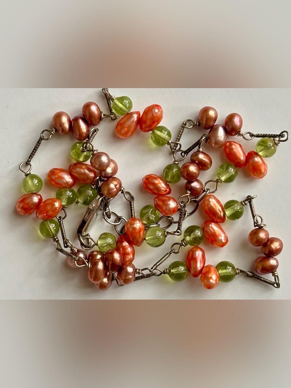 Sterling Silver 925 Freshwater Pearl Peridot Wire Wrapped Link Station Necklace